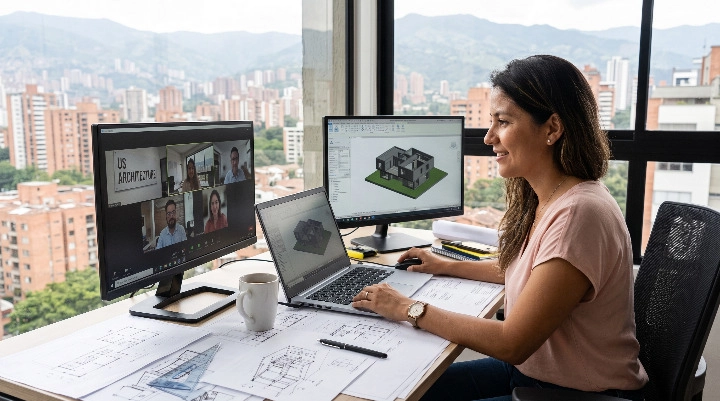 Latin American female architect working remotely on BIM software while participating in a video call with a US architecture team from her well-lit home office.