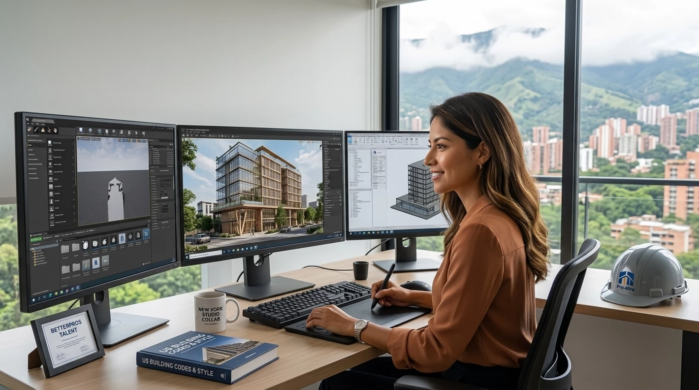 3D visualizer from Latin America using advanced software and three monitors to create architectural renderings for US studios from a remote home office with a city view.