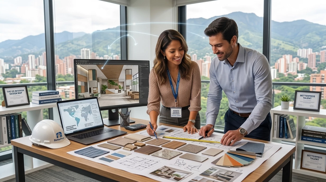 Latin American interior designers reviewing material swatches, floor plans, and 3D architectural renders for US firms from a modern remote office with city views.