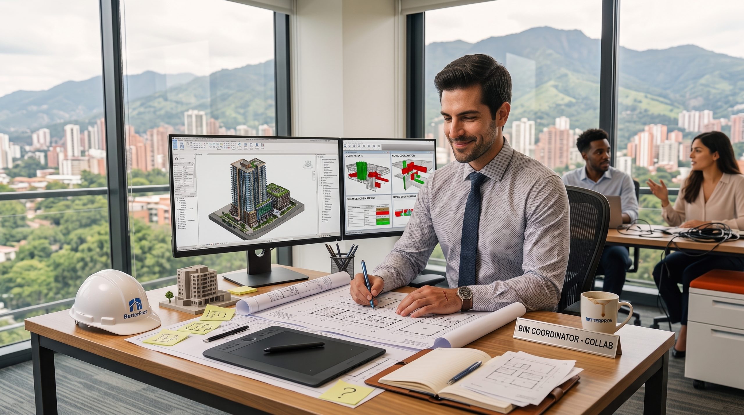 Latin American architectural professional transitioning from CAD drafter to BIM coordinator, analyzing multidisciplinary 3D building models on dual monitors in a modern remote workspace.