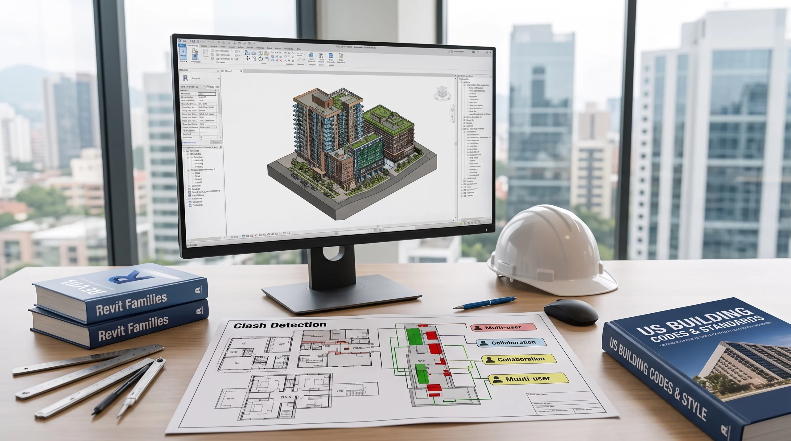 Modern architectural workstation with an Autodesk Revit 3D building model on screen, clash detection plans, and reference manuals for US studios.