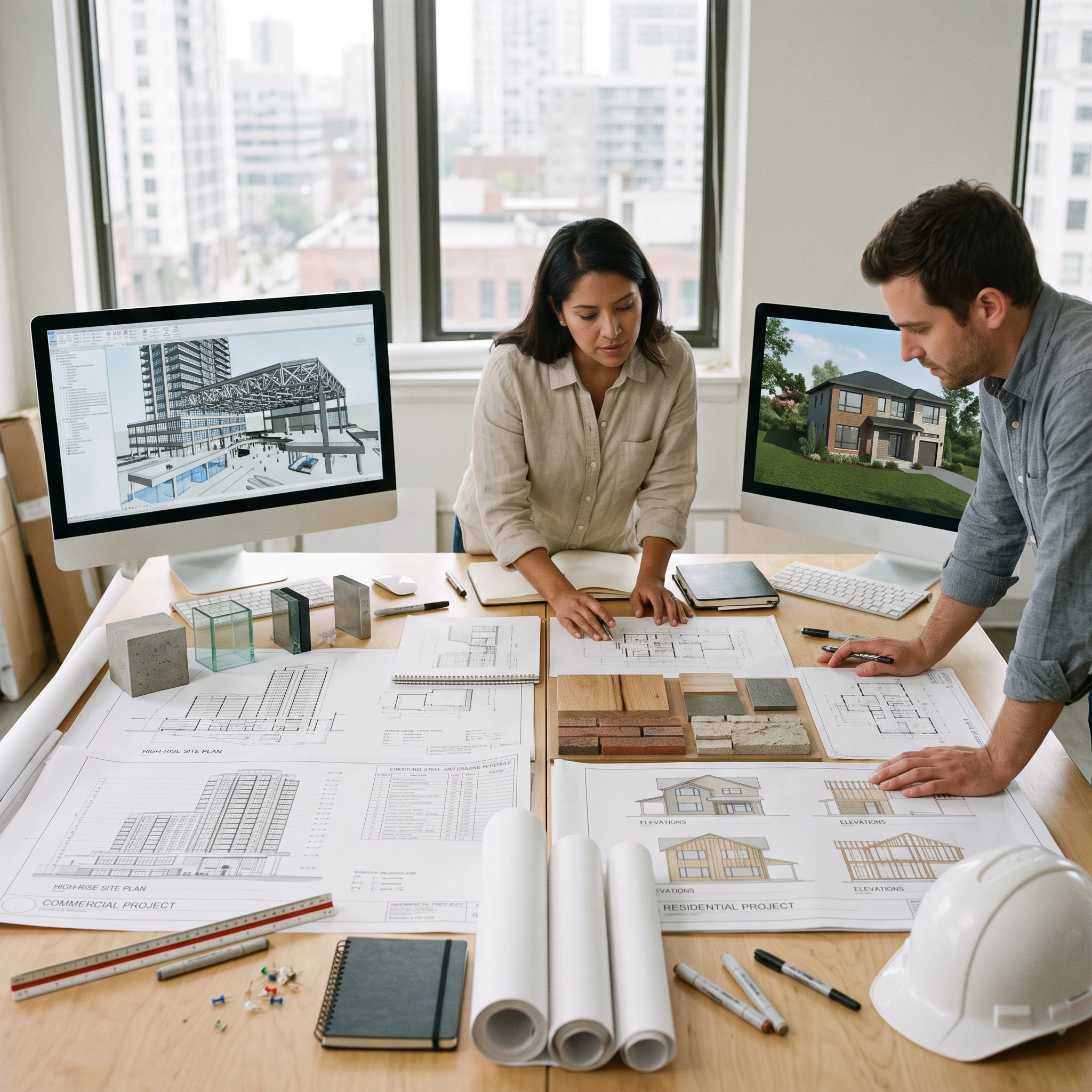 Two architects in a modern studio collaborating over a large desk, visually comparing a high-rise commercial project with a single-family residential home design using 3D models, blueprints, and material swatches.