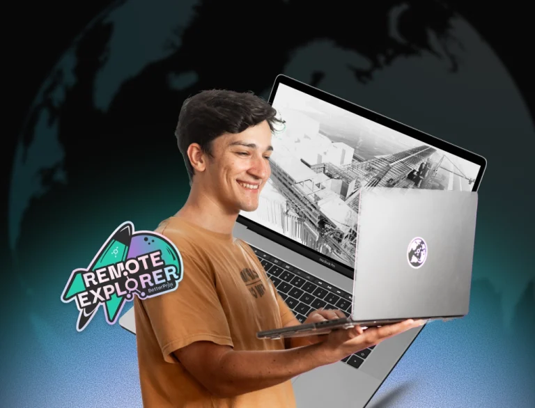 Remote Revit drafter for US architecture firms holding a laptop with a 3D architectural model background, featuring BetterPros' Remote Explorer branding.