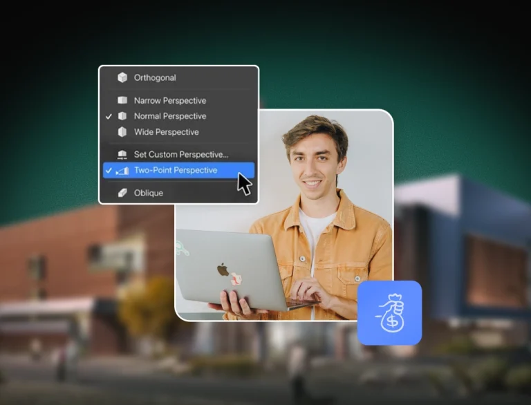 Professional Revit drafter with software perspective menu and savings icon, illustrating 2026 salary benchmarks and nearshore cost advantages for US architecture firms.