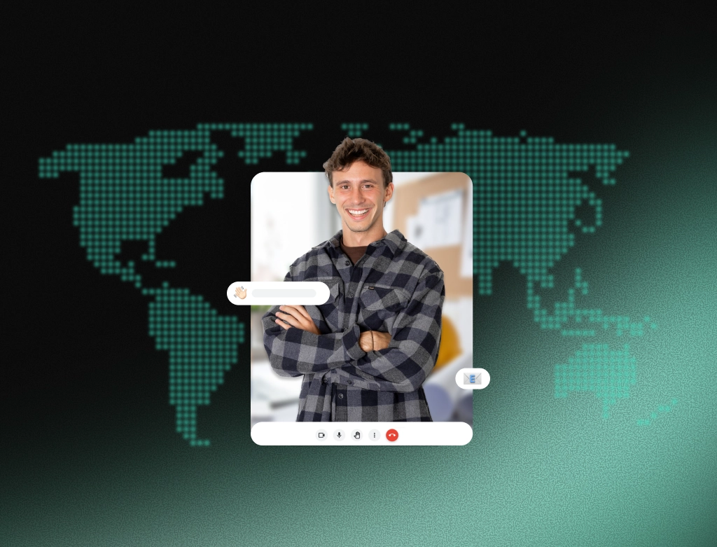 Remote AEC professional in a video call interface over a digital world map , illustrating US firms transitioning to nearshore talent for better time zone alignment and real-time collaboration in 2026.