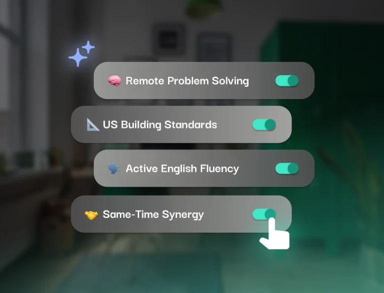 Graphic highlighting the advantages of nearshore AEC teams for US firms: US building standards, active English fluency, and same-time synergy for remote architectural production.