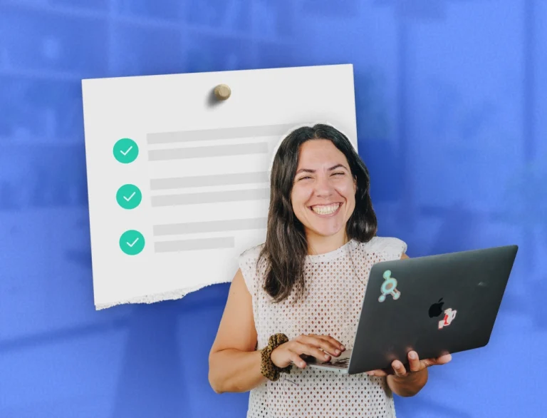 Smiling remote engineer holding a laptop in front of a professional vetting checklist for hiring MEP engineers for US architecture and engineering projects.