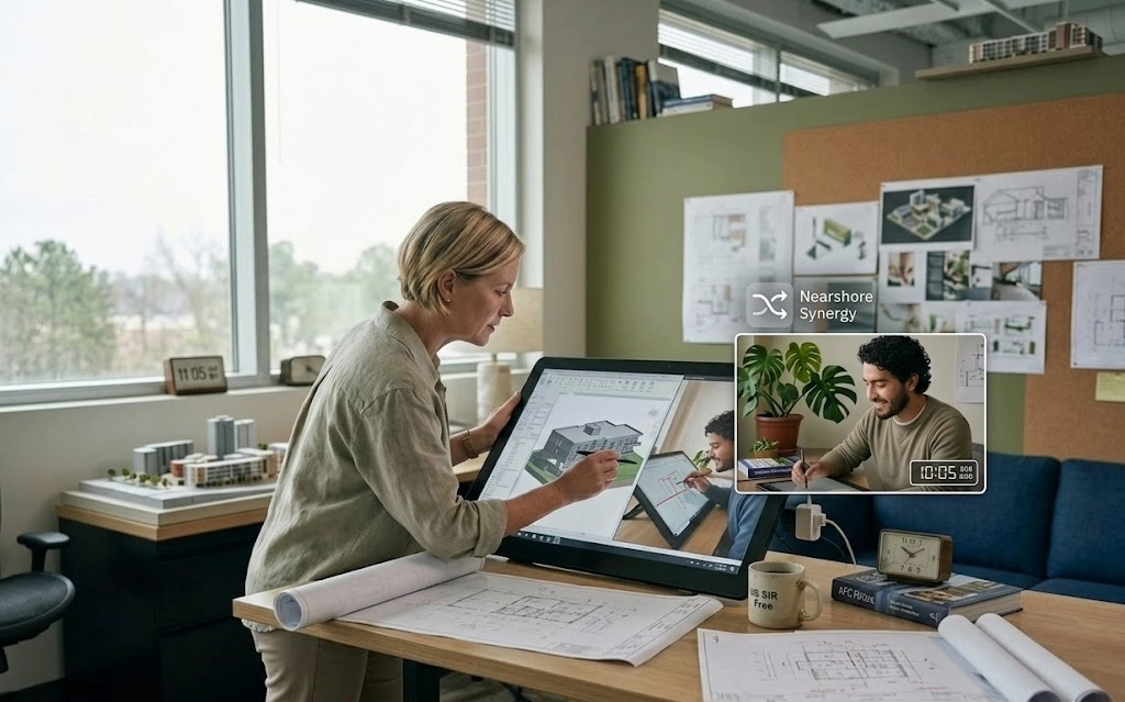 "A photorealistic close-up of a blonde woman and a bearded man with dark curly hair collaborating in an office with natural light. They are standing at a large, touch-sensitive desktop monitor, both focused on a detailed 3D architectural model of a building displayed on the screen."