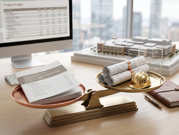 "A high-angle, detailed close-up photograph of a bespoke desk scale made of brushed copper and polished brass, sitting on a light-colored wood desk. On the copper left tray, a thick guide reads 'SENIOR PROJECT ARCHITECT: ANNUAL COMPENSATION DESK GUIDE.' On the brass right tray, a stack of detailed architectural blueprints and a miniature gold-plated hard hat are balanced by a transparent acrylic plaque with subtle gold and teal axes labeled 'PROFITABILITY,' 'TECHNICAL EXPERTISE,' 'LEADERSHIP,' and 'COST EFFICIENCY.' In the blurred background, a computer monitor displays a blurred budget spreadsheet and a physical architectural model of a large commercial building is visible. Natural daylight illuminates the scene. The overall style is photorealistic and sophisticated.